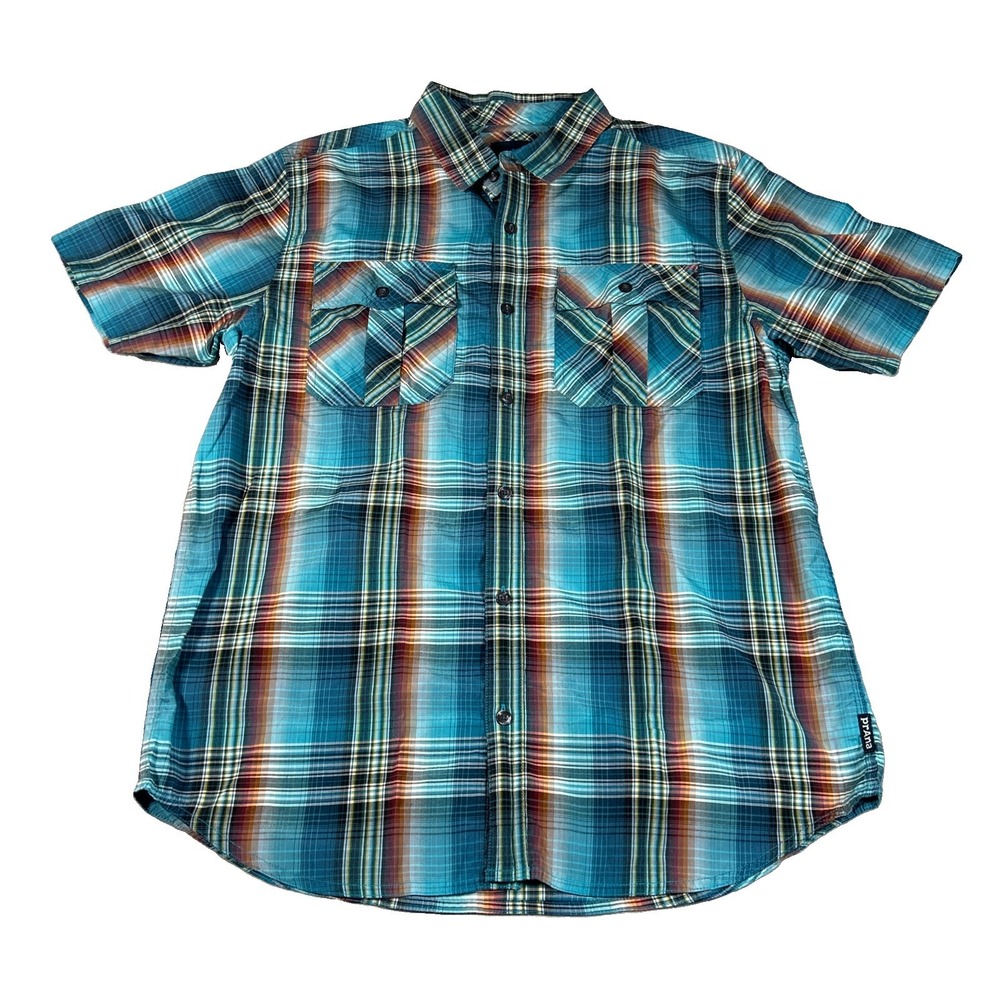 PrAna Shirt Mens Large Blue Plaid Western Short Sleeve Button Front